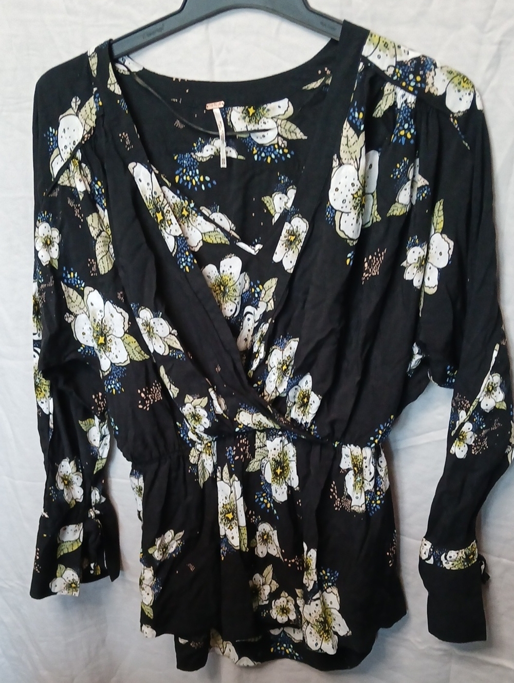 Free People Black Floral Print Top with Yellow & Blue Accents